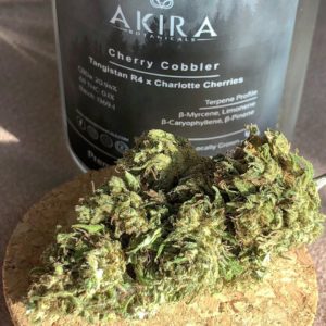 cherry cobbler hemp flower by akira botanicals cbd percentage label by consciouscloudscbd