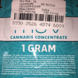 pillow factory crumble muv blue cannabis concentrate packaging from MUV Florida strain review by indicadam