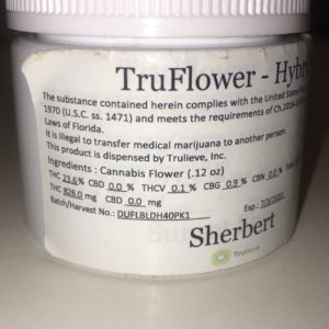 sunset sherbert truflower from trulieve thc percentage label by indicadam