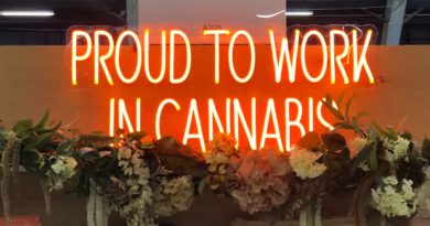 proud to work in cannabis sign at vangst booth at hall of flowers 2023