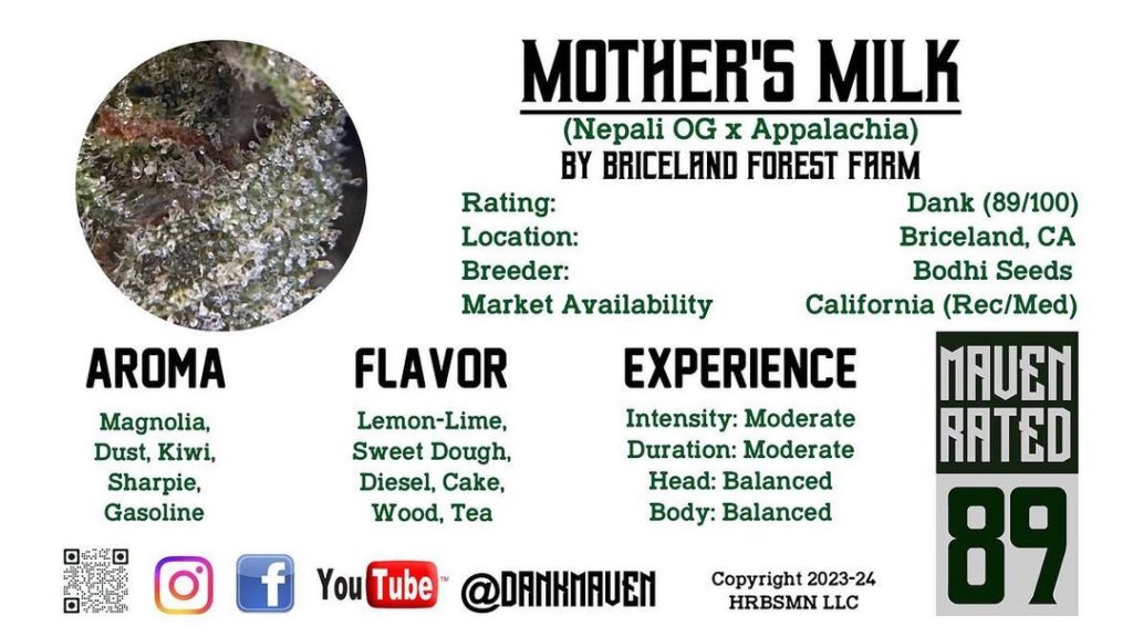 mother's milk by briceland forest farm strain review by dank maven