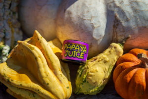 A purple jar of rosin with the words "Papaya Juice" sits nestled in on a pile of gourds.